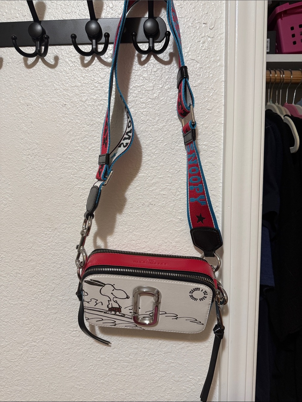 Marc Jacobs White & Red Snoopy Leather Crossbody with Printed Strap